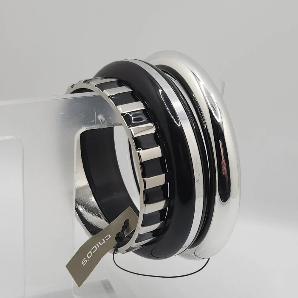 Bold Sculptural Bangle Bracelet Set 3‎ Piece Black Silver Tone Enamel Chicos MCM